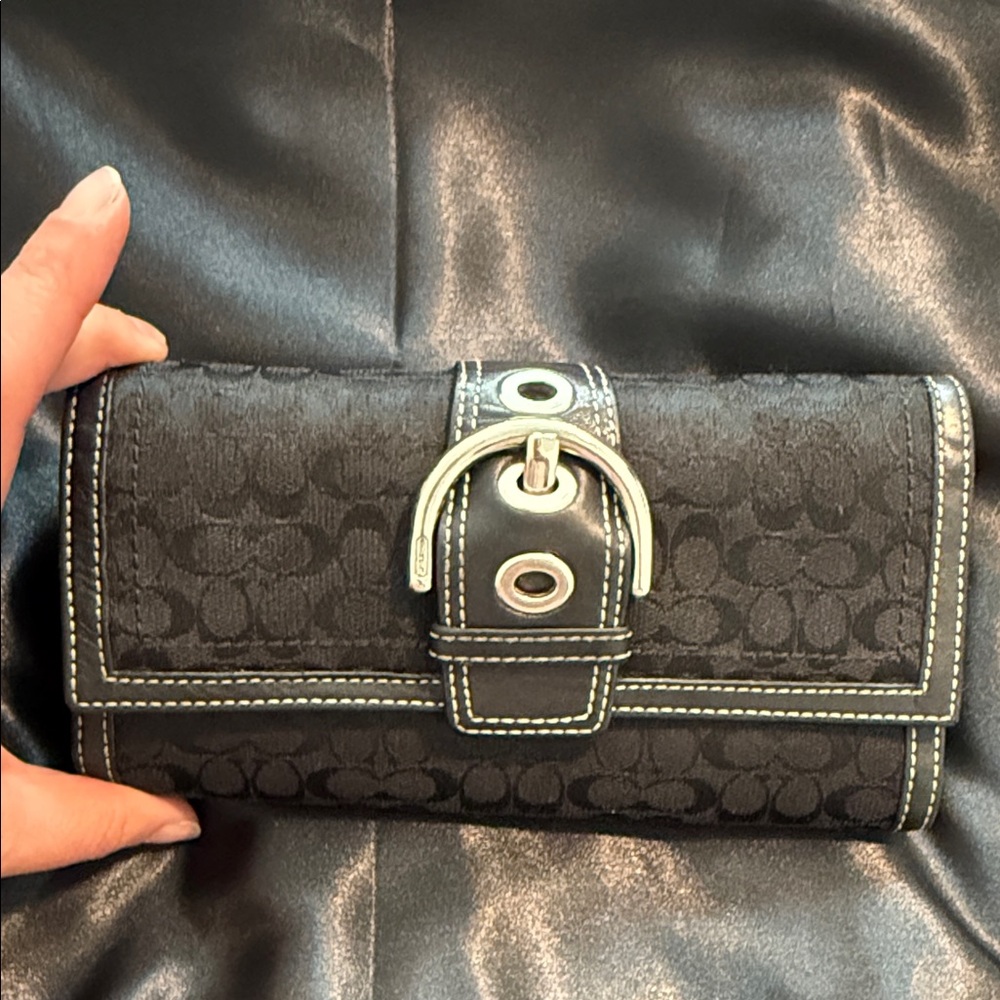 Coach Black Signature Canvas Wallet with Silver Buckle